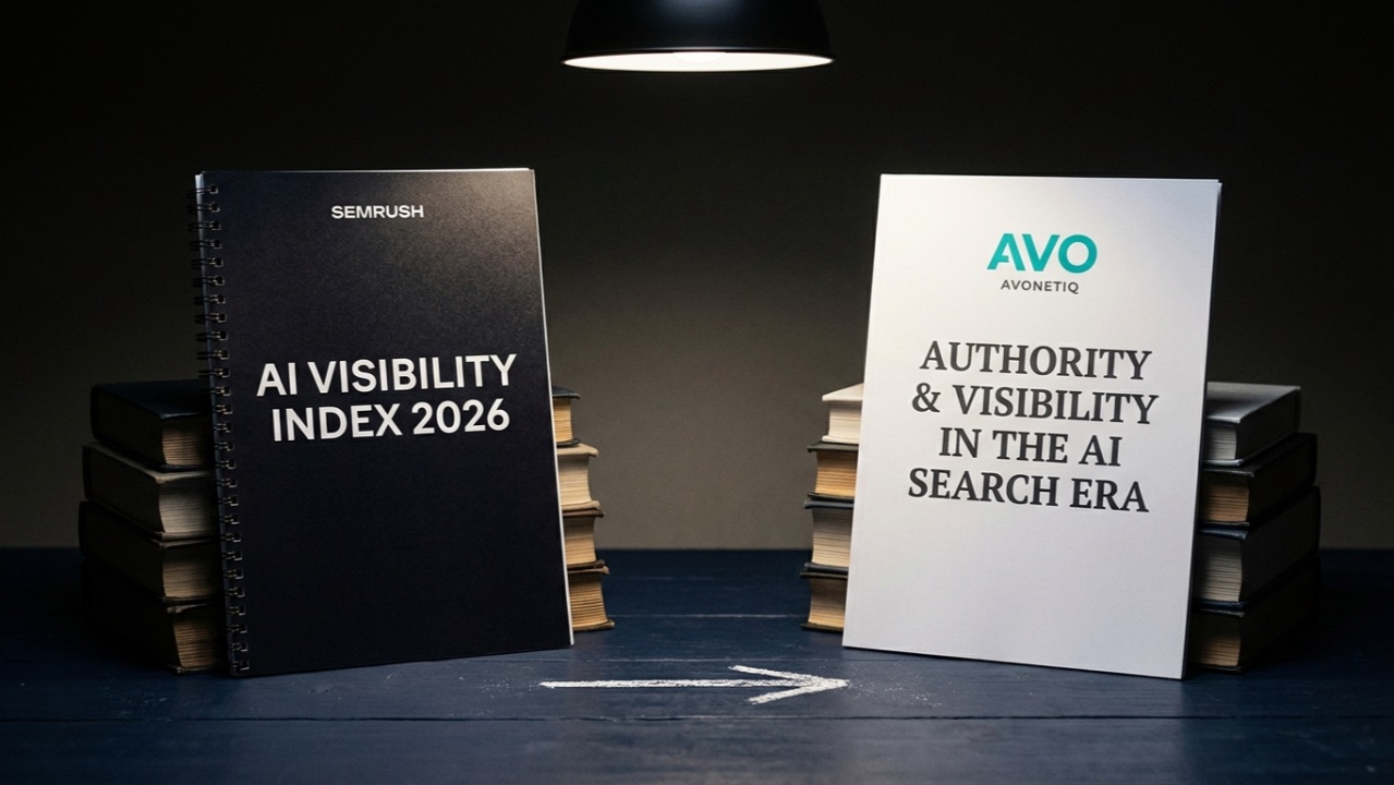 Two bound reports standing on a dark desk between stacks of books under a hanging lamp: on the left, a black spiral-bound Semrush report titled 'AI Visibility Index 2026'; on the right, a white AVO / Avonetiq paper titled 'Authority & Visibility in the AI Search Era'. A chalk arrow on the desk points from the Semrush report toward the AVO paper.