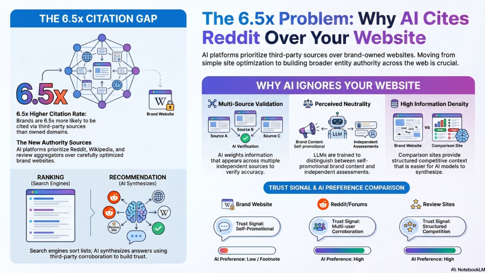 Infographic titled 'The 6.5x Problem: Why AI Cites Reddit Over Your Website' — visualises the 6.5x citation gap, contrasts the ranking model (search engine sorted list) with the recommendation model (AI synthesised answer pulling from Reddit, Wikipedia, review sites), and shows three trust-signal columns: brand website (low/footnote AI preference), Reddit/forums (high), review sites (high).