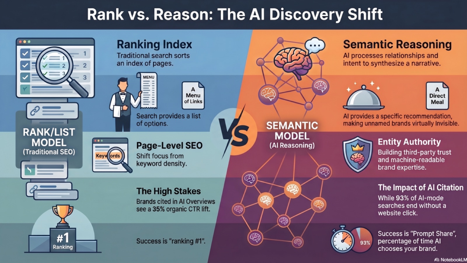 Infographic titled 'Rank vs. Reason: The AI Discovery Shift' — split-panel comparison of the Rank/List Model (traditional SEO: ranking index that sorts an index of pages, page-level SEO via keyword density, success defined as ranking #1, brands cited in AI Overviews see a 35% organic CTR lift) against the Semantic Model (AI reasoning: AI processes relationships and intent to synthesise a narrative, entity authority via third-party trust and machine-readable expertise, success defined as 'prompt share' — the percentage of time AI chooses your brand, while 93% of AI-mode searches end without a website click).