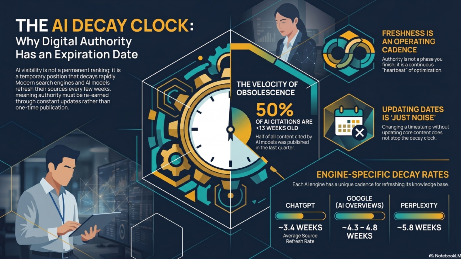 Infographic titled 'The AI Decay Clock: Why Digital Authority Has an Expiration Date' — a central clock face surrounded by gears reads 'The Velocity of Obsolescence: 50% of AI citations are <13 weeks old.' Side panels note freshness is an operating cadence and that updating dates is 'just noise,' and an engine-specific decay rates row gives ChatGPT ~3.4 weeks, Google AI Overviews ~4.3–4.8 weeks, and Perplexity ~5.8 weeks.