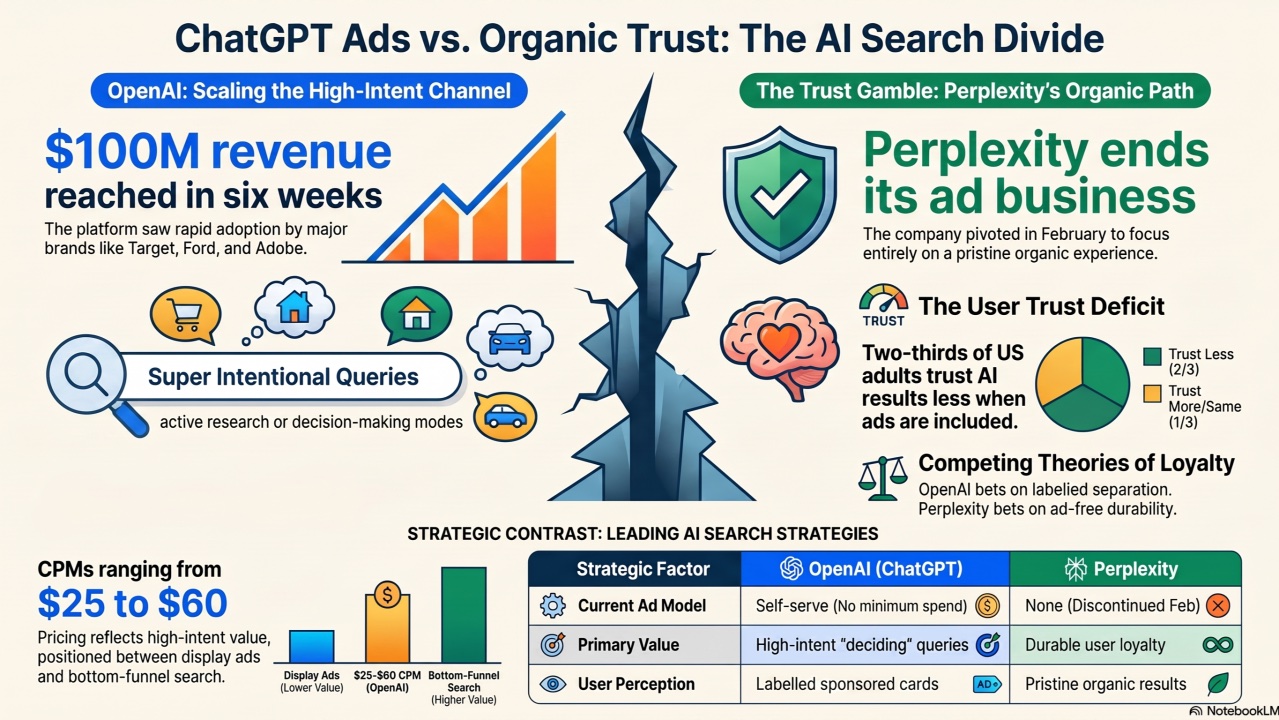 Infographic titled 'ChatGPT Ads vs. Organic Trust: The AI Search Divide', split by a cracked chasm. Left, 'OpenAI: Scaling the High-Intent Channel' — $100M revenue reached in six weeks, super-intentional queries, CPMs ranging from $25 to $60. Right, 'The Trust Gamble: Perplexity's Organic Path' — Perplexity ends its ad business, and a user trust deficit where two-thirds of US adults trust AI results less when ads are included. A comparison table contrasts current ad model, primary value, and user perception for OpenAI versus Perplexity.